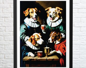 Coffee Drinking Dogs Art Print: Funny Vintage Kitchen Wall Decor Poster