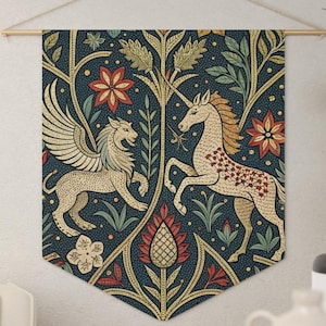 May include: A wall hanging featuring a detailed illustration of a winged lion and a unicorn, set against a dark blue background with floral and foliate patterns. The artwork is framed by a wooden rod and a hanging string.