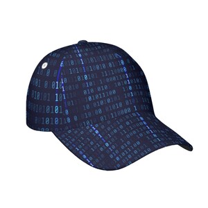 May include: A navy blue baseball cap with a repeating binary code pattern in shades of blue. The cap has a curved peak and a button on top, offering a tech-inspired aesthetic.