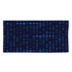 May include: A rectangular, dark blue beach towel featuring a binary code design in light blue and white. The binary code spells out the word "Etsy" in the centre of the towel.
