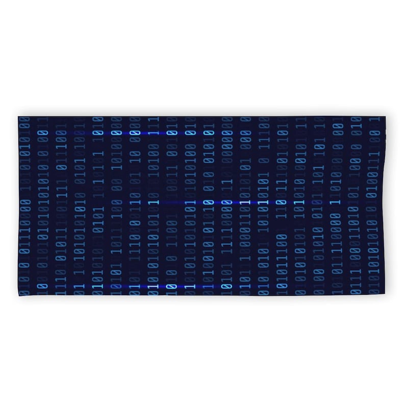 May include: A rectangular, dark blue beach towel featuring a binary code design in light blue and white. The binary code spells out the word "Etsy" in the centre of the towel.
