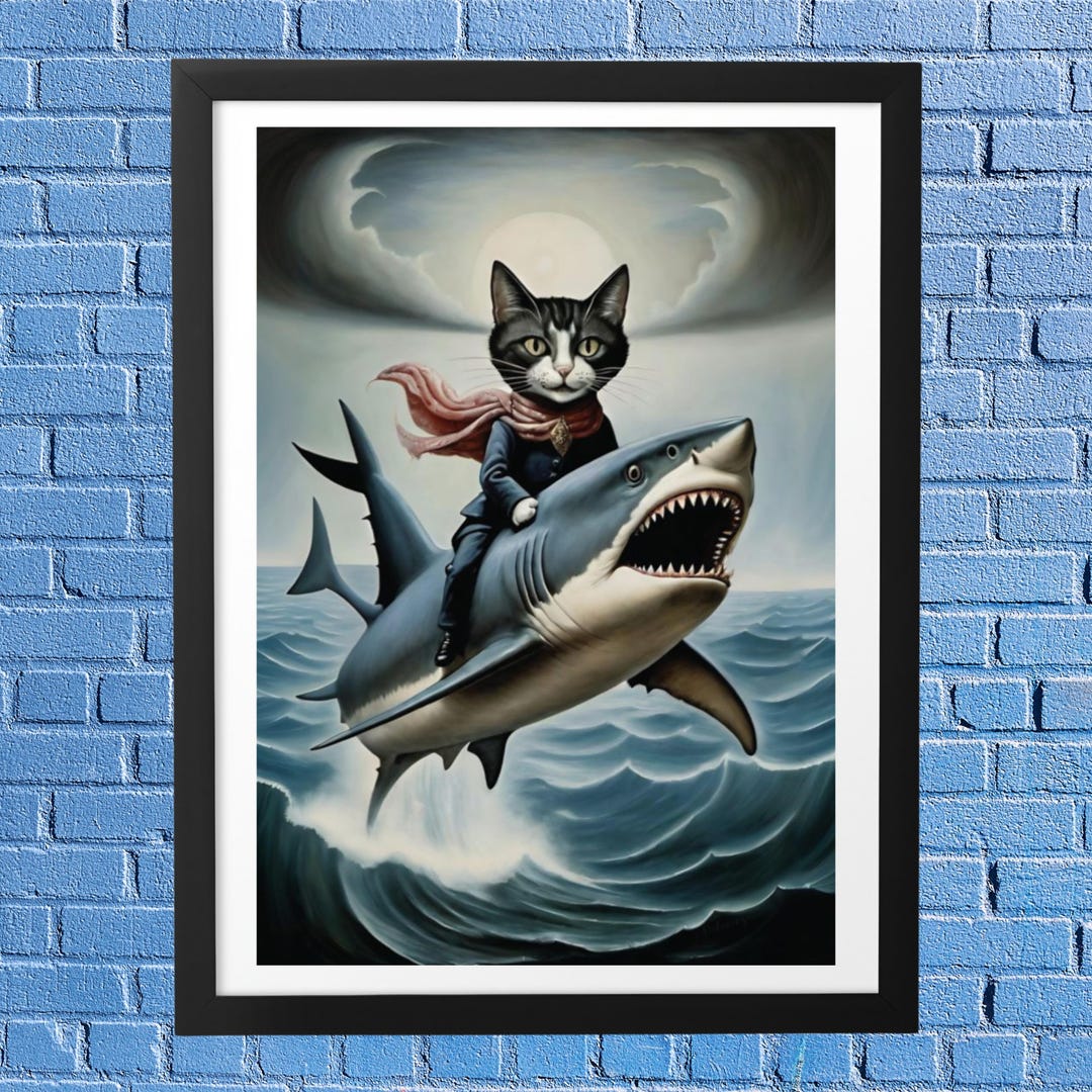Cat Riding Shark Poster Living Room Art Print Surrealist Unique ...