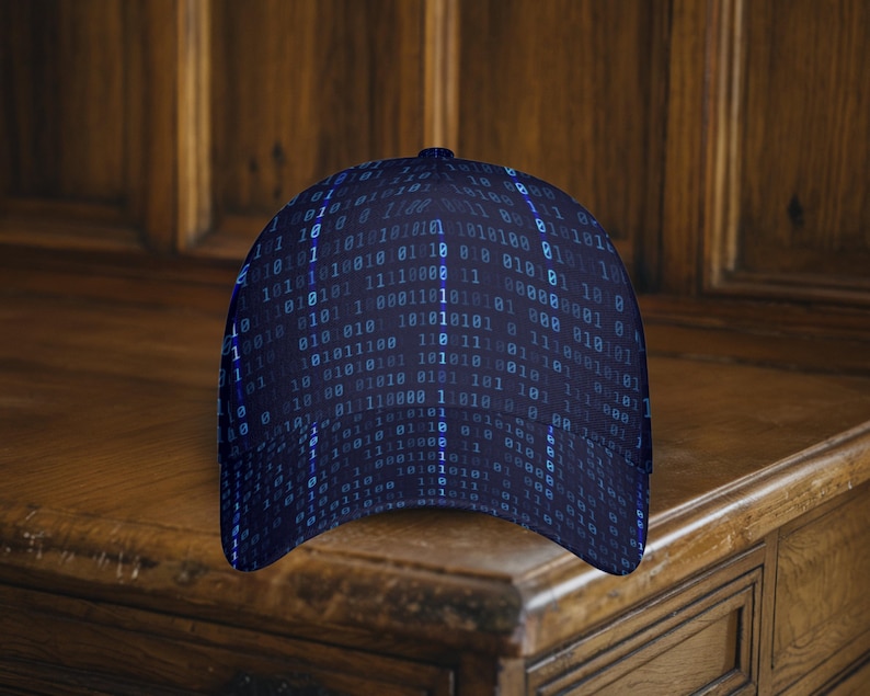 May include: A dark blue baseball cap featuring a binary code pattern in blue hues. The cap is constructed from a robust material and has a curved peak. The hat is presented on a wooden surface.