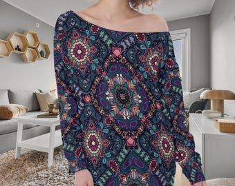 Mandala Sweatshirt Yoga Oversized Off-Shoulder Tröja