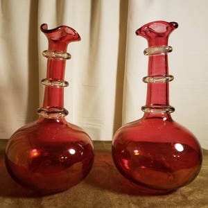 Pair of Vintage, blown Pink Glass Decanters
