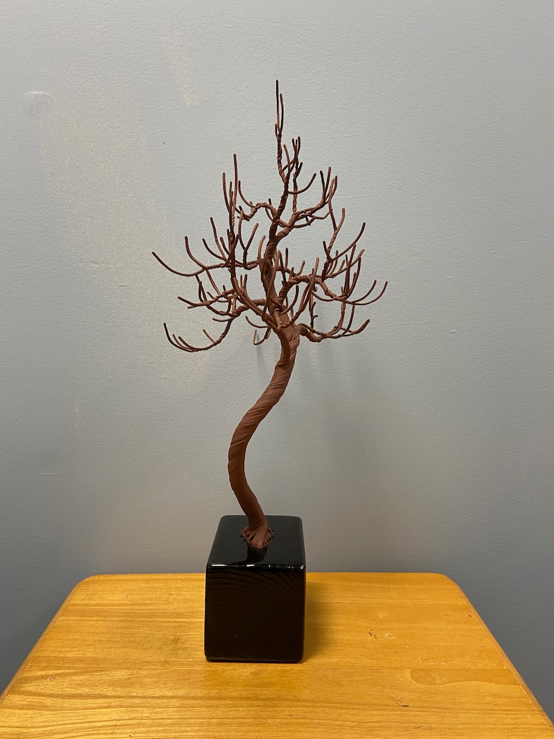 Puede incluir: Una escultura de alambre marr&oacute;n de un &aacute;rbol con un tronco retorcido y muchas ramas. El &aacute;rbol est&aacute; sentado sobre una base cuadrada negra.