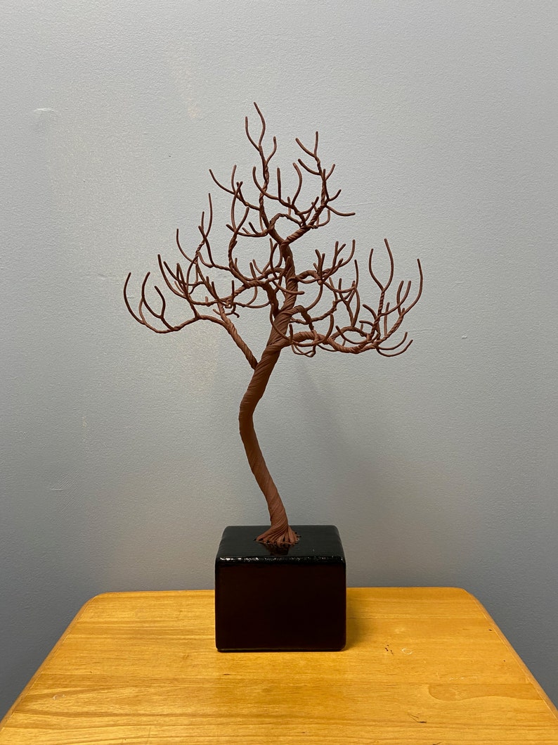 Puede incluir: Una escultura de alambre marr&oacute;n de un &aacute;rbol con un tronco retorcido y muchas ramas. El &aacute;rbol est&aacute; sentado sobre una base cuadrada negra.