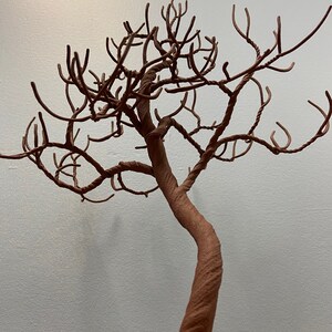 Puede incluir: Una escultura de metal marr&oacute;n de un &aacute;rbol con un tronco retorcido y muchas ramas. El &aacute;rbol est&aacute; desnudo y tiene un aspecto r&uacute;stico.
