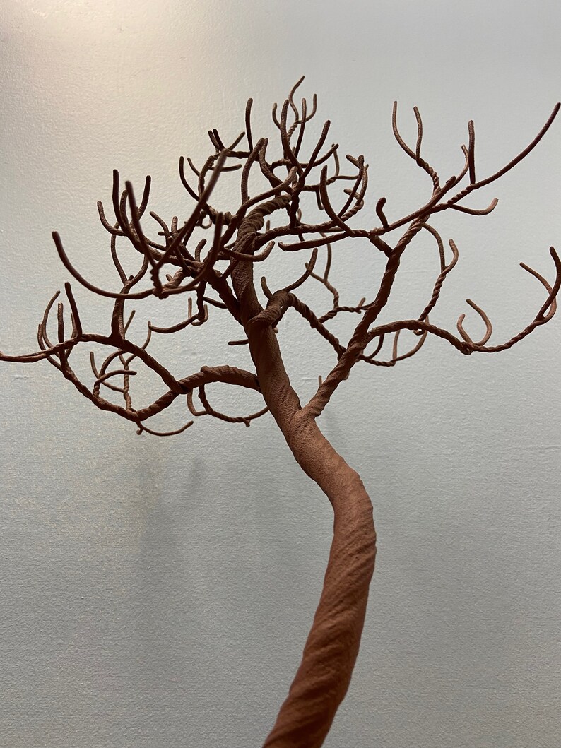 Puede incluir: Una escultura de metal marr&oacute;n de un &aacute;rbol con un tronco retorcido y muchas ramas. El &aacute;rbol est&aacute; desnudo y tiene un aspecto r&uacute;stico.