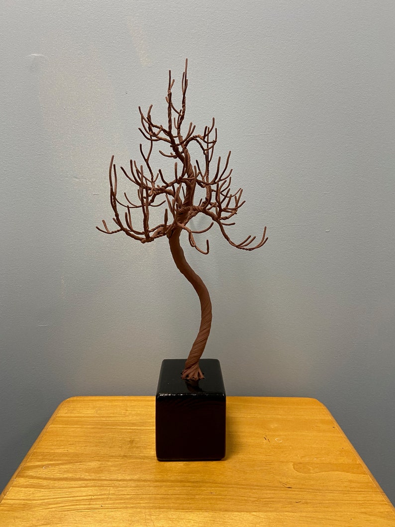 Puede incluir: Una escultura de alambre marr&oacute;n de un &aacute;rbol con un tronco retorcido y muchas ramas. La escultura est&aacute; sobre una base cuadrada negra.