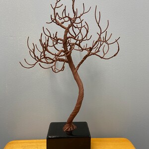 Puede incluir: Una escultura de alambre marr&oacute;n de un &aacute;rbol con un tronco retorcido y muchas ramas. El &aacute;rbol est&aacute; sentado en una maceta cuadrada negra.