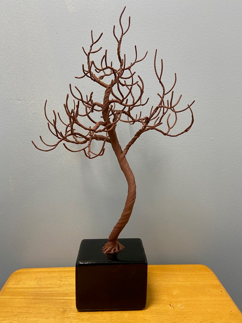 Puede incluir: Una escultura de alambre marr&oacute;n de un &aacute;rbol con un tronco retorcido y muchas ramas. El &aacute;rbol est&aacute; sentado en una maceta cuadrada negra.