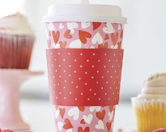 Hearts Coffee Cups, Valentine Coffee Bar, Valentine Cups, Disposable Coffee Cups, Hot Cocoa Bar, Valentine Party Table, Red and White Coffee