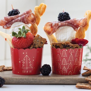 Red and Gold Charcuterie Cups, Fa La La Cups, Christmas Tree Cups, Party Favor Cups, Holiday Baking Cups, Charcuterie Tray, Festive Decor