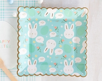May include: A blue and white paper plate with a scalloped edge features a repeating pattern of bunnies, flowers, and the word "hop".