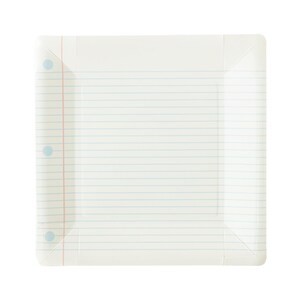 May include: Square, off-white paper plate with a lined paper design. The plate has light blue horizontal lines and a red vertical margin line on the left side, with three light blue hole punch circles.