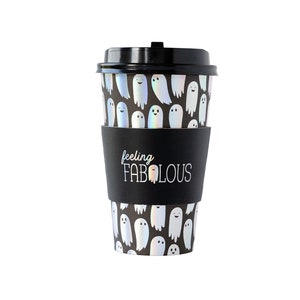 May include: Black and white reusable coffee cup with a ghost pattern and a black sleeve that says "feeling fabulous".