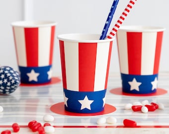 Uncle Sam Paper Cups, Patriotic Cups, 4th of July Party Supplies, Independence Day Tableware, Red White and Blue Cups, Stars and Stripes