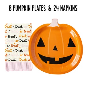 Halloween Plates and Napkins, Jack O Lantern Plates, Trick or Treat Napkins, Halloween Party Decorations, Halloween Table, Halloween Decor