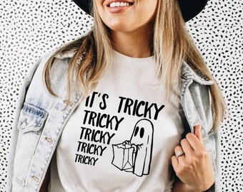 It's Tricky Shirt, It's Tricky Tee, Trick or Treat shirt, Halloween shirt, Funny Halloween shirt, Halloween raglan, Ghost Trick or Treat Tee