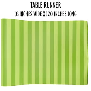 May include: Green and light green striped table runner, 16 inches wide by 120 inches long.  TABLE RUNNER
