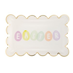 May include: A white rectangular paper plate with a scalloped edge and gold trim. The word "EASTER" is written across the center in pastel colors, with each letter inside a painted egg shape. Perfect for Easter celebrations.