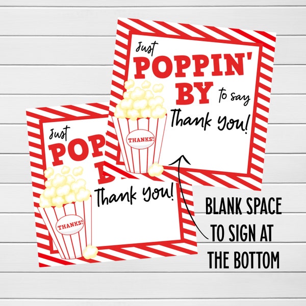 Teacher Appreciation Gift Tag, Poppin By To Say Thank You, Popcorn Gift Tag, Teacher Gift Tag, Appreciation Week, Printable Gift Tag,