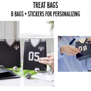 May include: Eight black and white treat bags shaped like soccer jerseys with numbers 05 and 08. The bags are decorated with a soccer ball and the word "Soccer".