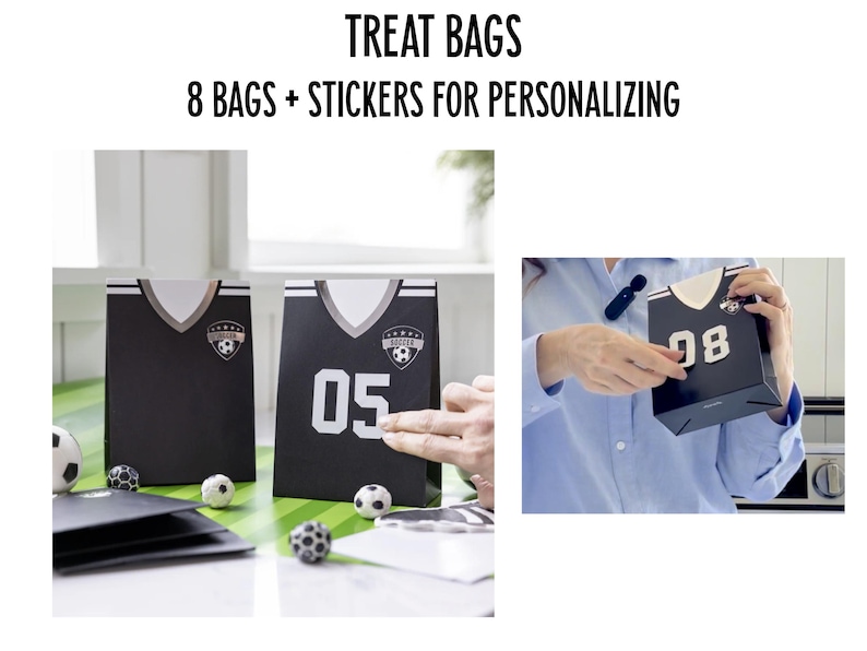 May include: Eight black and white treat bags shaped like soccer jerseys with numbers 05 and 08. The bags are decorated with a soccer ball and the word "Soccer".