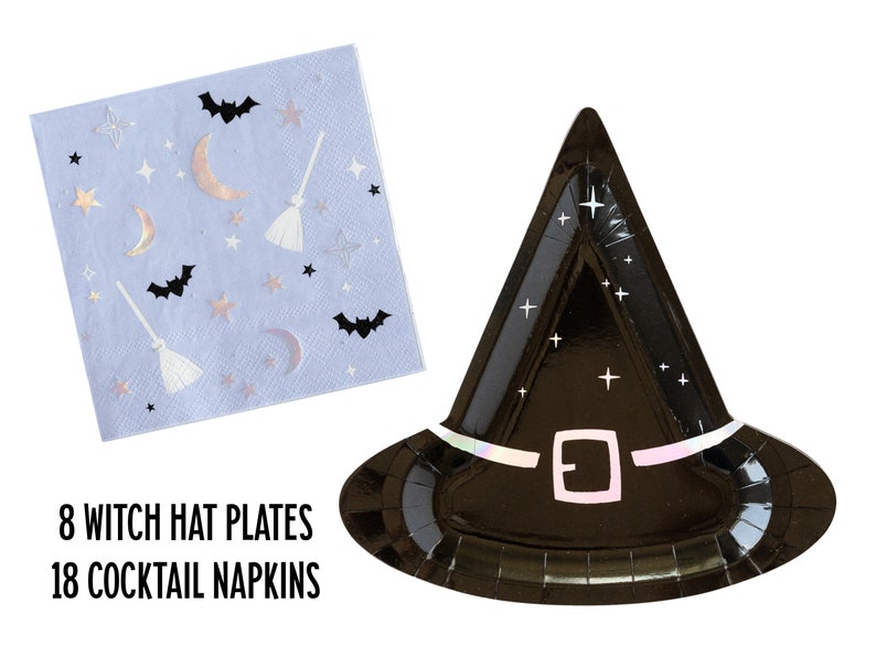 Witch Hat Plates, Halloween Napkins, Halloween Tableware, Spooky Party Decor, Witchy Party Decor, Halloween Party, Plates and Napkins Set afbeelding 2