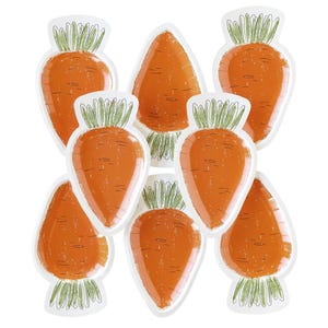 May include: Set of eight white paper plates shaped like carrots with green tops. The plates are perfect for a carrot-themed party or a spring celebration.