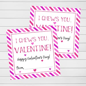 I Chews You Tag, Bubblegum Valentines, Printable Valentines, Valentine Tags, Valentine's Day Card, Printable Tags, I Chews You Valentine