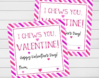 I Chews You Tag, Bubblegum Valentines, Printable Valentines, Valentine Tags, Valentine's Day Card, Printable Tags, I Chews You Valentine