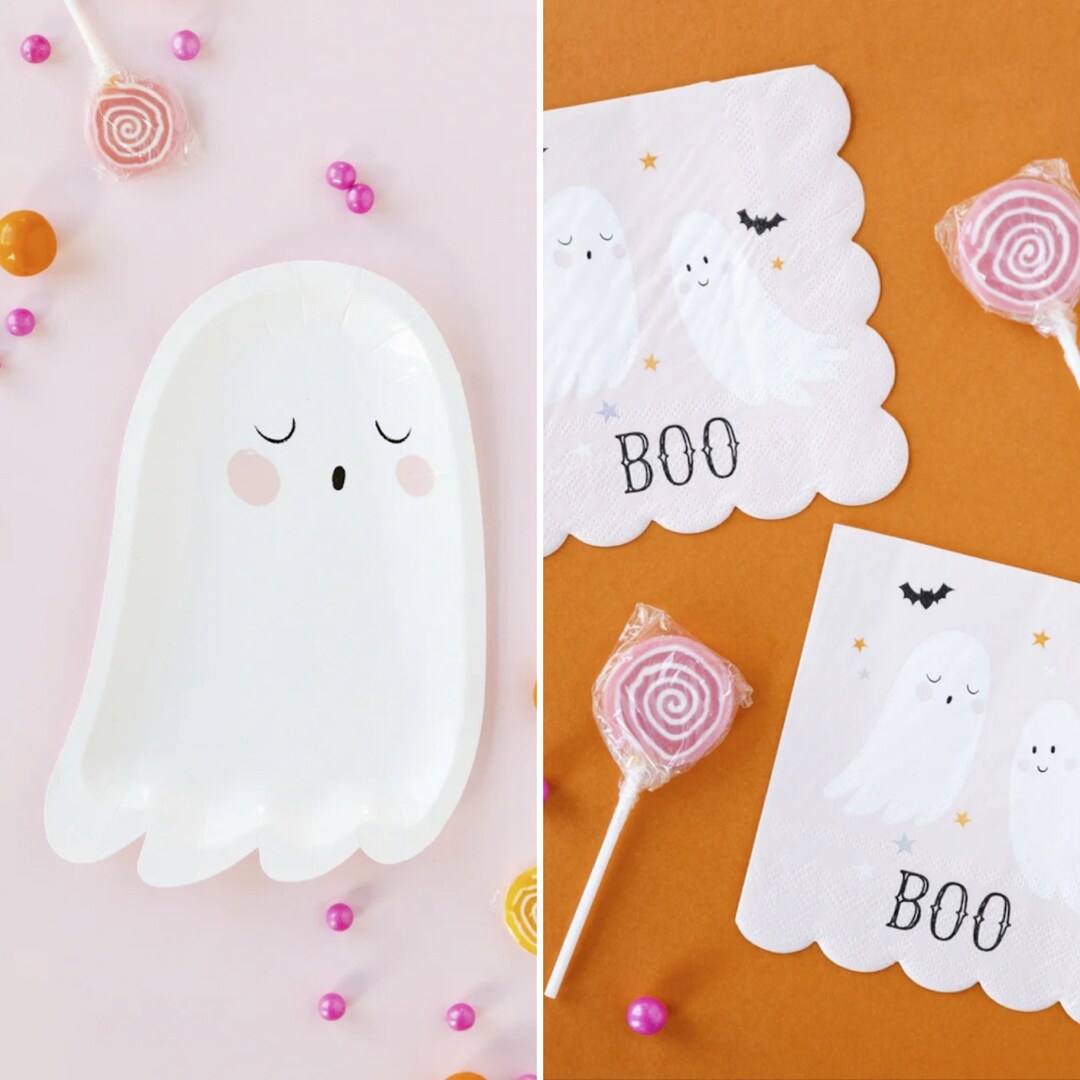 Halloween Plates and Napkins Set Pink Halloween Plates Ghost Etsy
