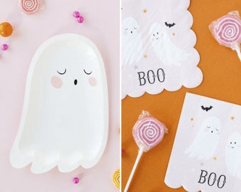 Halloween Plates and Napkins Set, Pink Halloween Plates, Ghost Plates, Halloween Tableware, Ghost Napkins, Boo Napkins, Halloween Decor