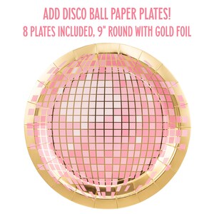 K&ouml;nnte beinhalten: Rosa und goldene Disco-Kugel-Pappteller. 8 Teller enthalten. 23 cm rund mit Goldfolie.