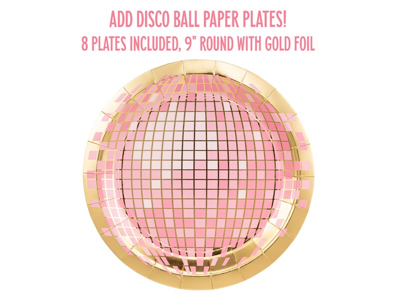 K&ouml;nnte beinhalten: Rosa und goldene Disco-Kugel-Pappteller. 8 Teller enthalten. 23 cm rund mit Goldfolie.