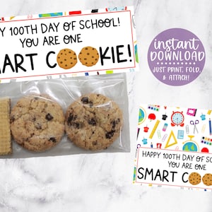 Smart Cookie Bag Topper, Happy 100th Day of School, 100 Days of School, Treat Bag Topper, 100 Days Smarter, Printable Treat Tags