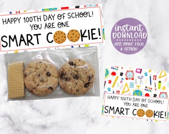 Smart Cookie Bag Topper, Happy 100th Day of School, 100 Days of School, Treat Bag Topper, 100 Days Smarter, Printable Treat Tags