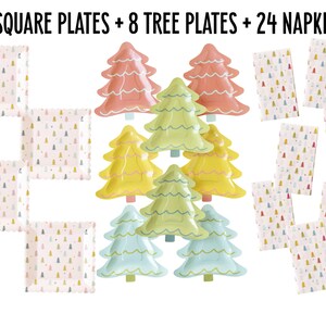 May include: A set of 8 square plates, 8 tree-shaped plates, and 24 napkins with a Christmas tree pattern. The plates and napkins are pink, yellow, green, and blue.