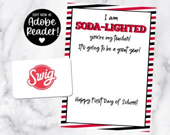 Soda-Lighted, Gift Card Holder, First Day of School, Teacher Gift, Gift for Teacher, Back to School Gift, Swig Gift Card, Sonic Gift Card