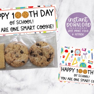 Happy 100th Day of School Bag Topper, One Smart Cookie, 100 Days of School, Treat Bag Topper, 100 Days Smarter, Printable Treat Tags