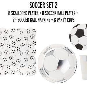 May include: Soccer party supplies set with 8 scalloped plates, 8 soccer ball plates, 24 soccer ball napkins, and 8 party cups. The plates and napkins feature a black and white soccer ball design.
