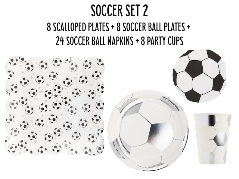May include: Soccer party supplies set with 8 scalloped plates, 8 soccer ball plates, 24 soccer ball napkins, and 8 party cups. The plates and napkins feature a black and white soccer ball design.