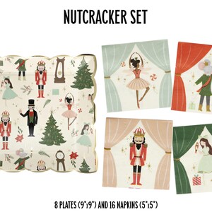 May include: Nutcracker themed party supplies set with 8 white paper plates with a gold scalloped edge and a Nutcracker pattern and 16 paper napkins with a Nutcracker pattern. The plates are 9 inches by 9 inches and the napkins are 5 inches by 5 inches.