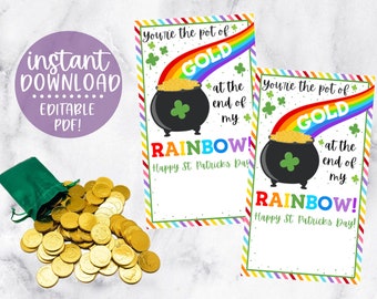 Pot of Gold Gift Tags, Instant Download, Editable PDF, St. Patrick's Day Tags, Rainbow Gift Tags, St. Patrick's Tag, Teacher Appreciation