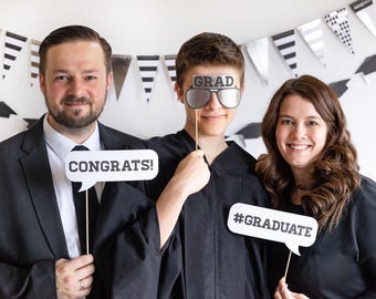 Graduation Photo Props: Set of 7 Props, Easy Assembly, Black and White Photo Prop Set, Graduation Photo Booth