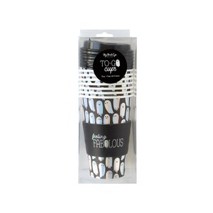 May include: A package of 9 oz. black and white paper cups with a ghost design and the text "feeling fabulous". The cups are packaged in a clear plastic sleeve with a black label that says "To-Go Cups".