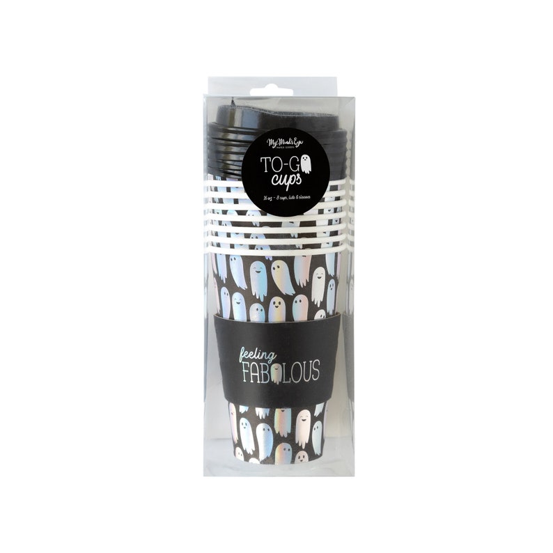 May include: A package of 9 oz. black and white paper cups with a ghost design and the text "feeling fabulous". The cups are packaged in a clear plastic sleeve with a black label that says "To-Go Cups".