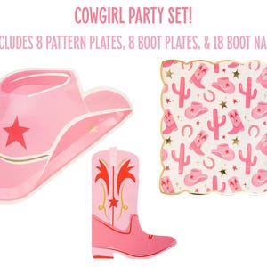 Cowgirl Birthday Party Supplies, Pink Cowgirl Hat Plates, Cowgirl Party, Western Birthday, Rodeo Birthday, Wild West Birthday, Disco Cowgirl Set+Patterned Plates